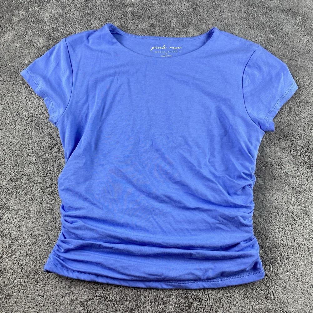 Pink Rose Modal Blend Ruched Top Womens Medium Blue Short Sleeve